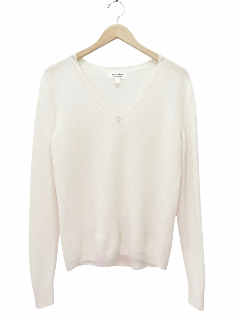 Nordstrom 100% Cashmere Sweater Large Ivory White V Neck Lightweight Pullover